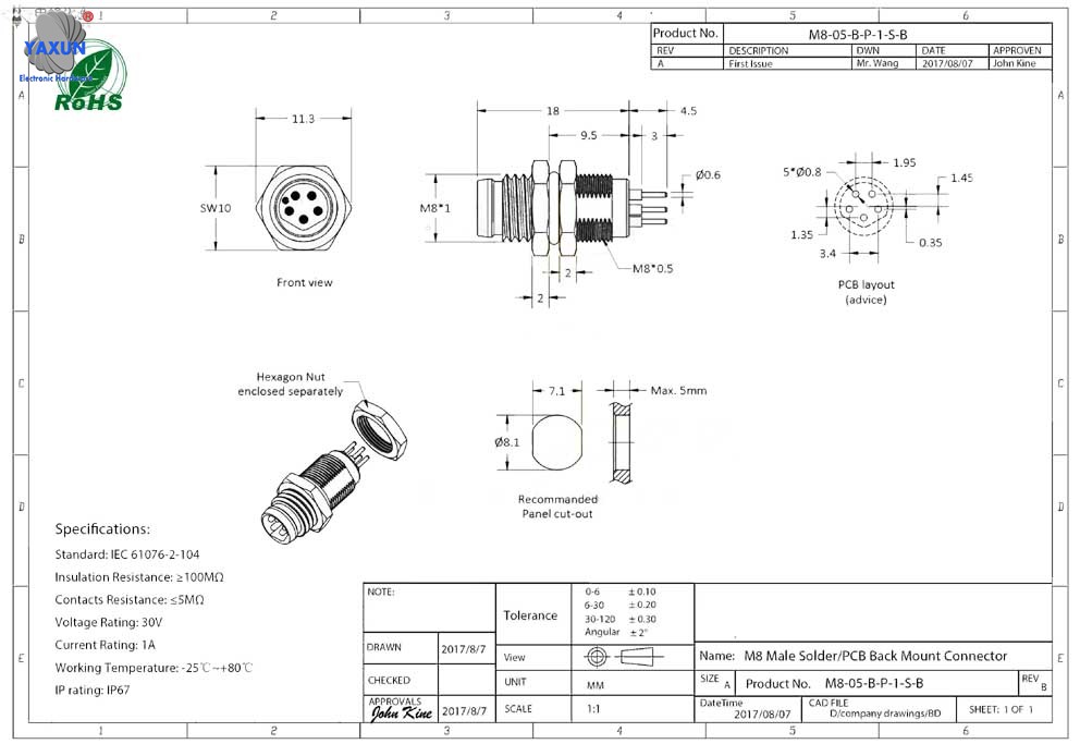 Dimensional drawing of M8 circular connector